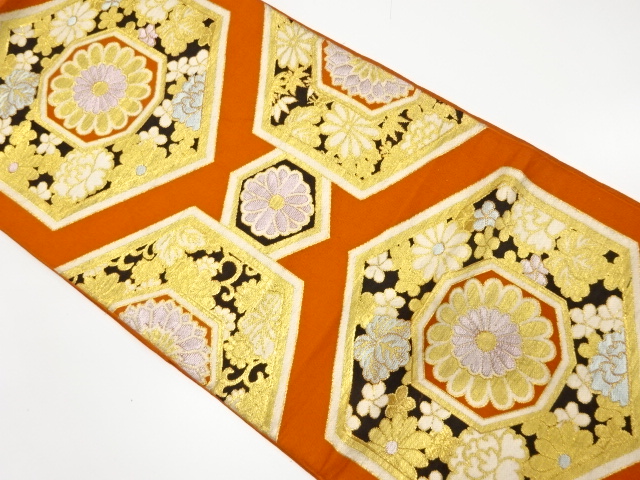 JAPANESE KIMONO / ANTIQUE FUKURO OBI / SILK / WOVEN KIKKO & FLOWER